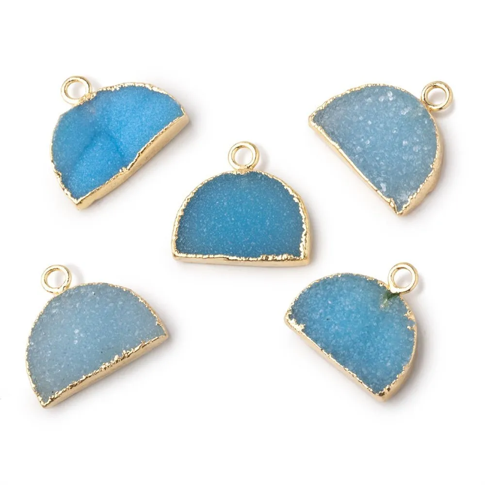 10x15mm Gold Leafed Santorini Blue Drusy Half Moon Focal Pendant 1 piece