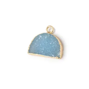 10x15mm Gold Leafed Santorini Blue Drusy Half Moon Focal Pendant 1 piece