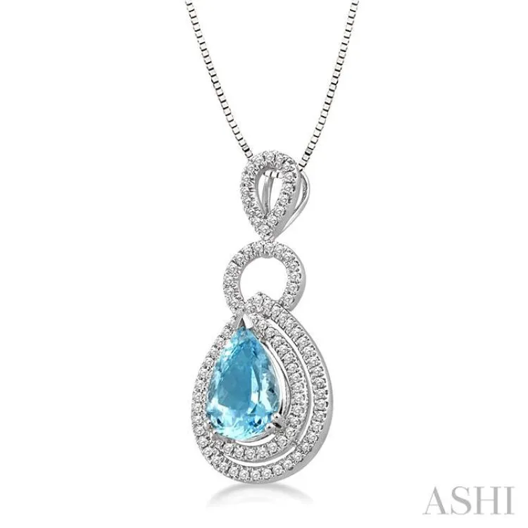 10x7mm Pear Shape Aquamarine and 1/3 Ctw Round Cut Diamond Pendant in 14K White Gold with Chain