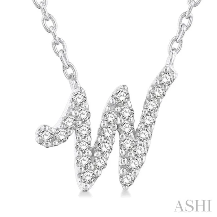 1/10 Ctw Initial 'W' Round cut Diamond Pendant With Chain in 10K White Gold