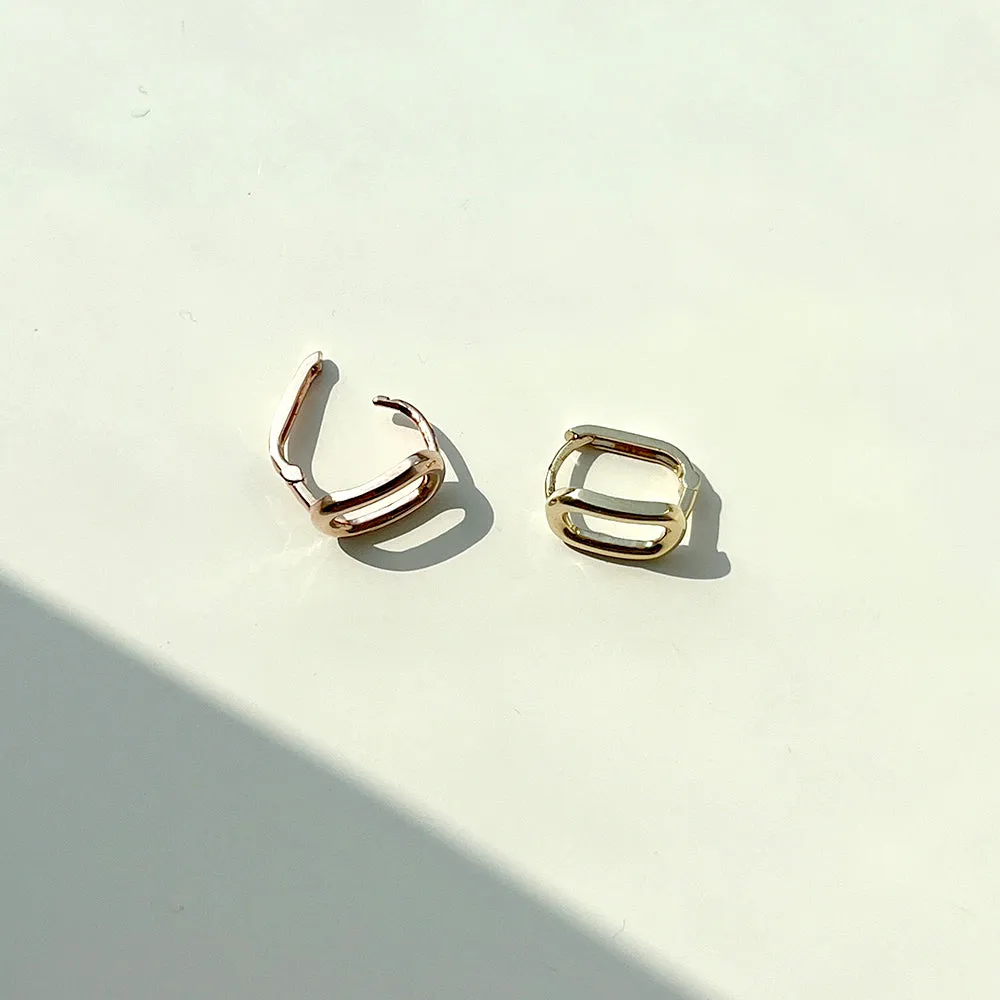 14k Gold Bold Rectangular Round Huggie Earrings