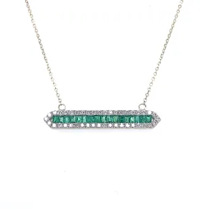 14K White Gold Emerald and Diamond Bar Necklace