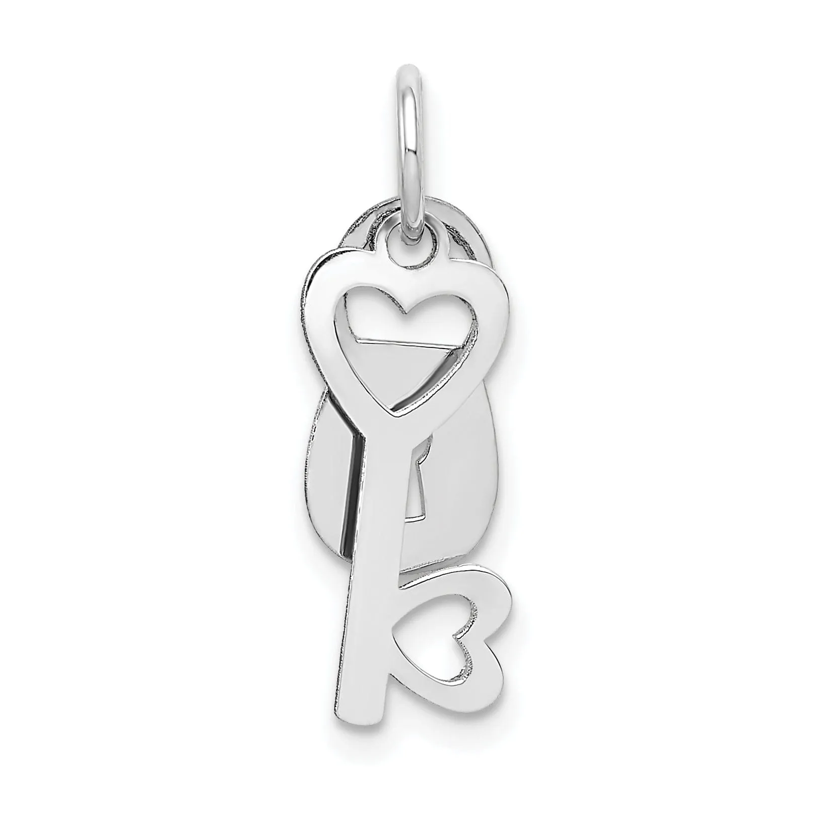 14K White Gold Rhodium Moveable Key and Heart Lock Charm Pendant