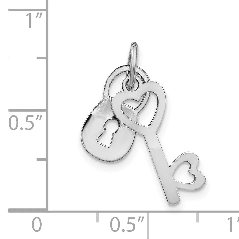 14K White Gold Rhodium Moveable Key and Heart Lock Charm Pendant