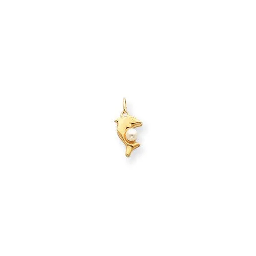 14K Yellow Gold Dolphin & Cultured Pearl Pendant On Chain Necklace