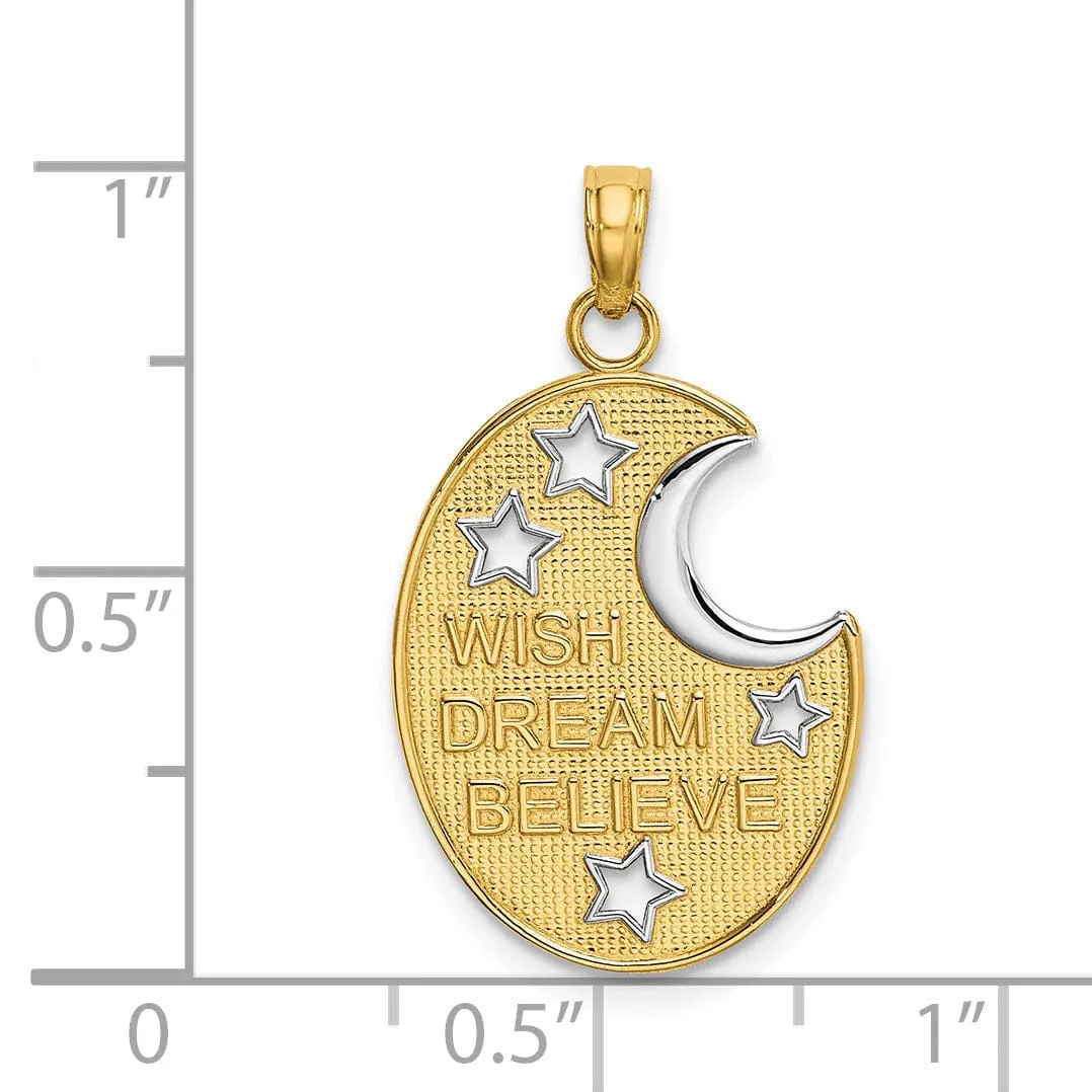 14k Yellow Gold Rhodium Textured Polished Finish WISH DREAM BELIEVE Moon and Stars Design Charm