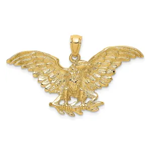 14K Yellow Gold Textured Polished Finish Open Back Eagle Wings Spread Open Holding Branch Design Charm Pendant