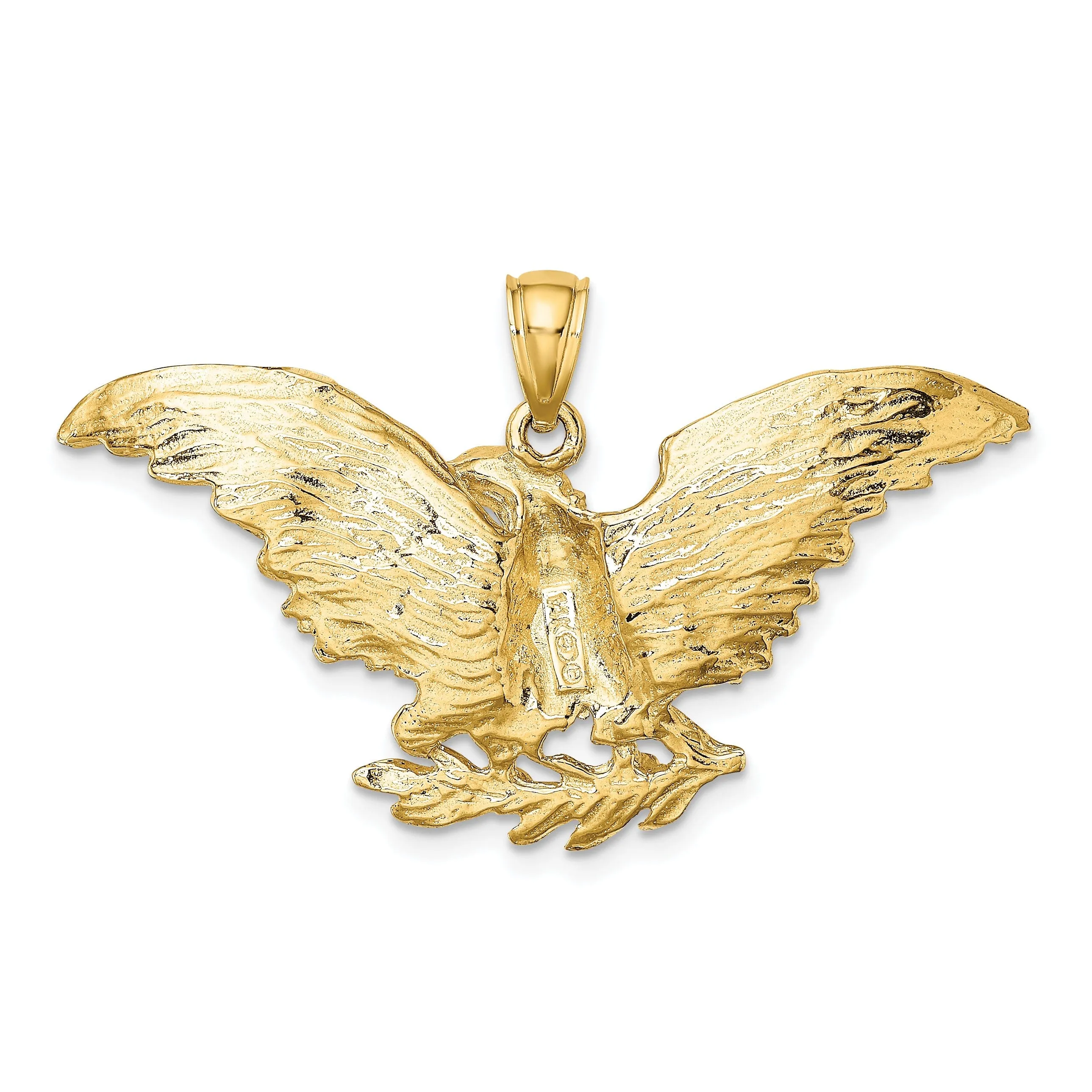 14K Yellow Gold Textured Polished Finish Open Back Eagle Wings Spread Open Holding Branch Design Charm Pendant