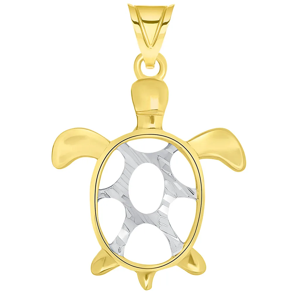 14k Yellow Gold Textured Two Tone Open Shell Sea Turtle Good Luck Pendant