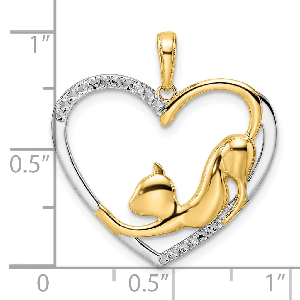 14k Yellow  Gold White Rhodium Solid Open Back Polished Diamond Cut Finish Cat Stretching in Heart Design Charm Pendant