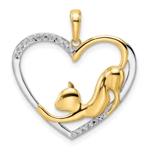 14k Yellow  Gold White Rhodium Solid Open Back Polished Diamond Cut Finish Cat Stretching in Heart Design Charm Pendant