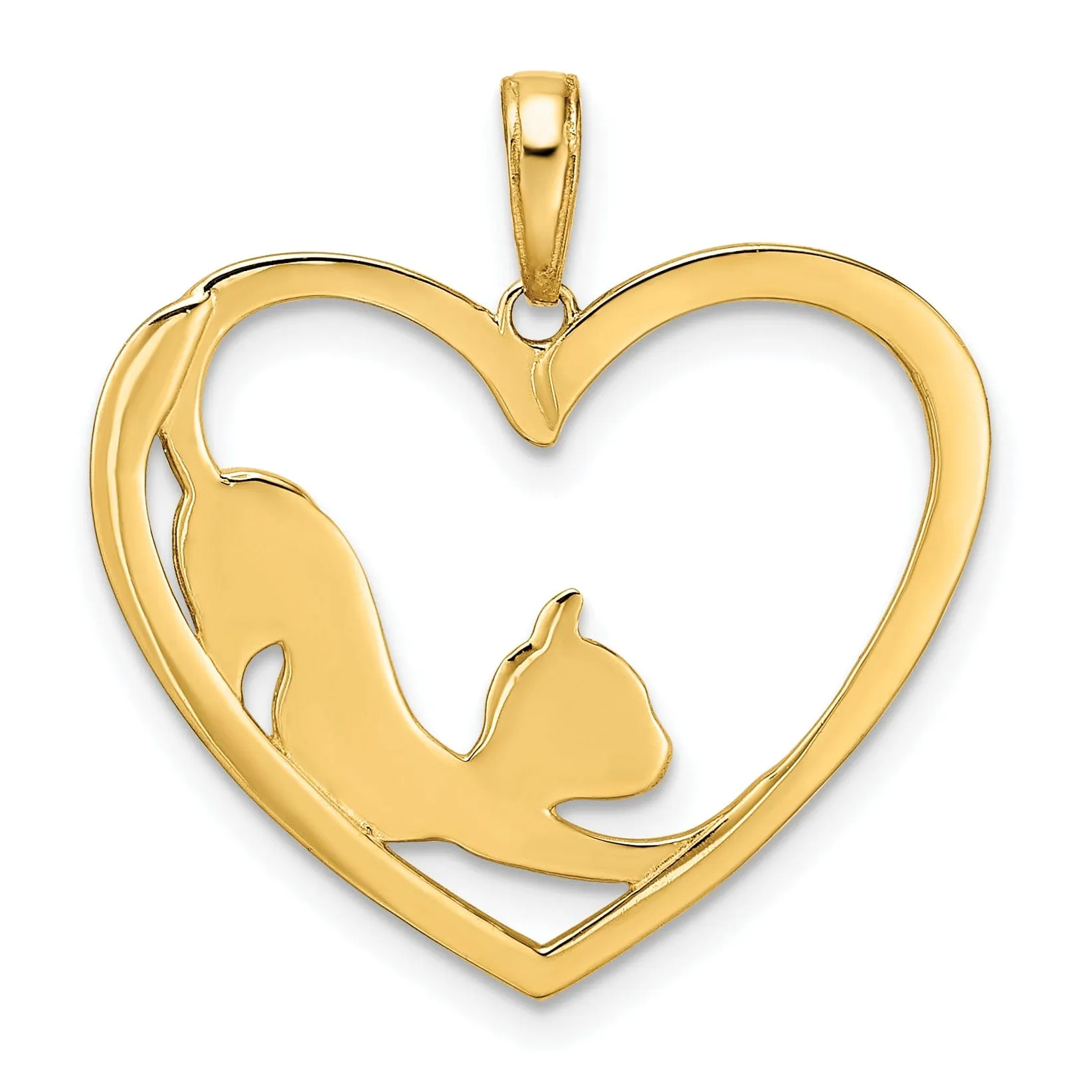 14k Yellow  Gold White Rhodium Solid Open Back Polished Diamond Cut Finish Cat Stretching in Heart Design Charm Pendant