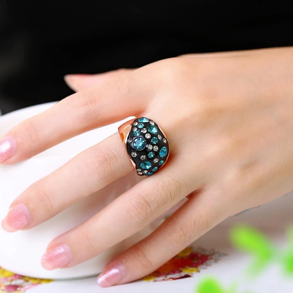 18K Rose Plated Symbolic Blue Ocean Ring made with  Crystals