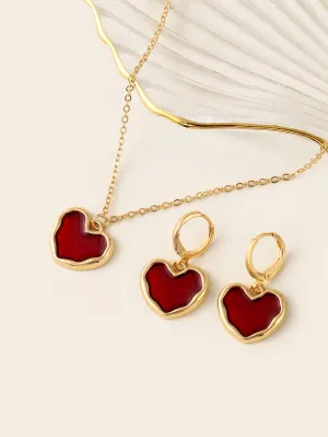 1pair Heart Drop Earrings & 1pc Necklace  Jewelry Set Jewelry Gift for Women