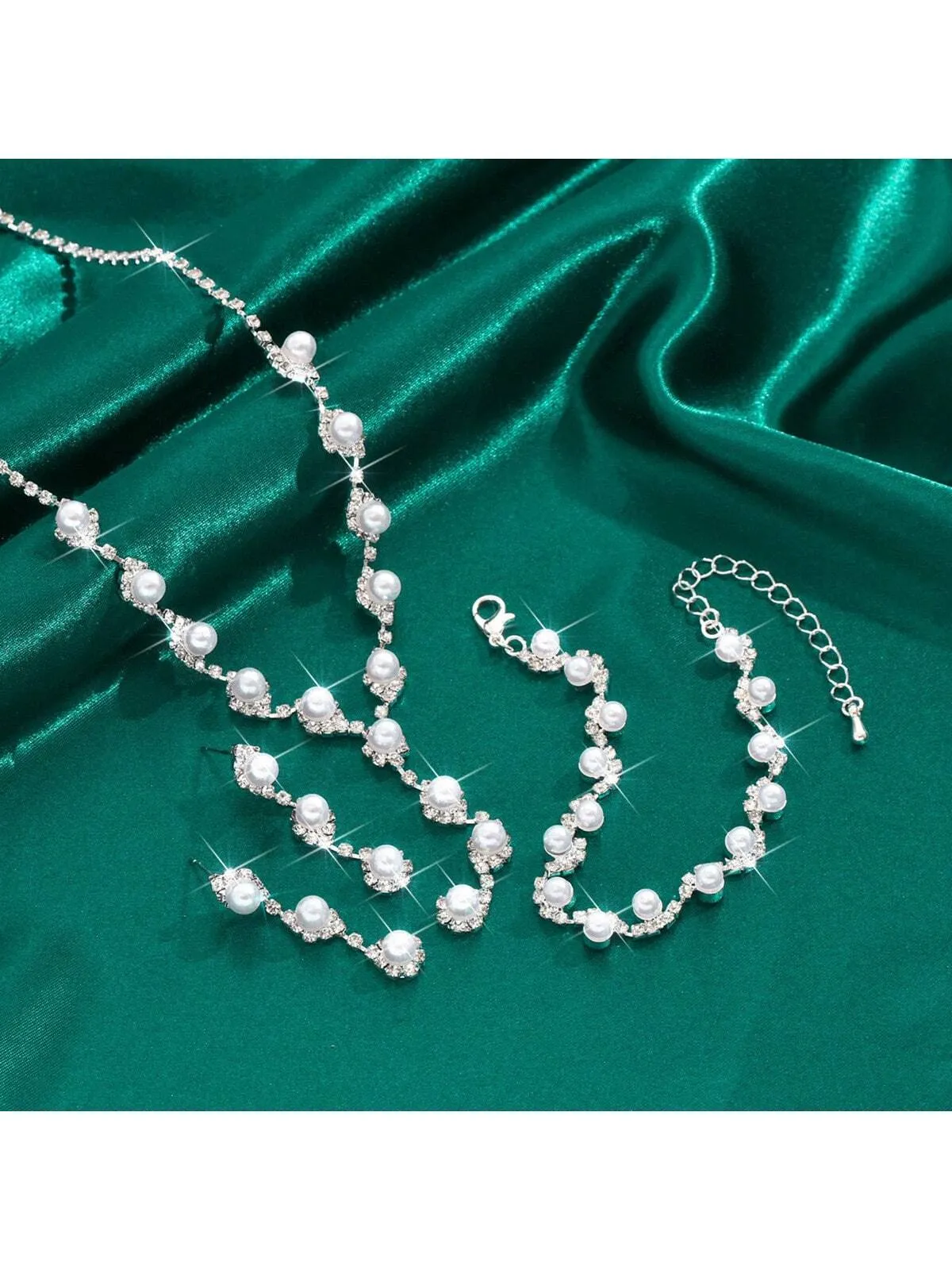 1pc Earrings, 1pc Bracelet, 1pc Necklace, Fashionable Rhinestone Pearl Bride Jewelry Set For Women, Suitable For Date Night And Parties, Gift