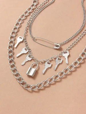 3pcs Lock & Key Charm Chain Necklace Jewelry for Women Men Gift for Her Him