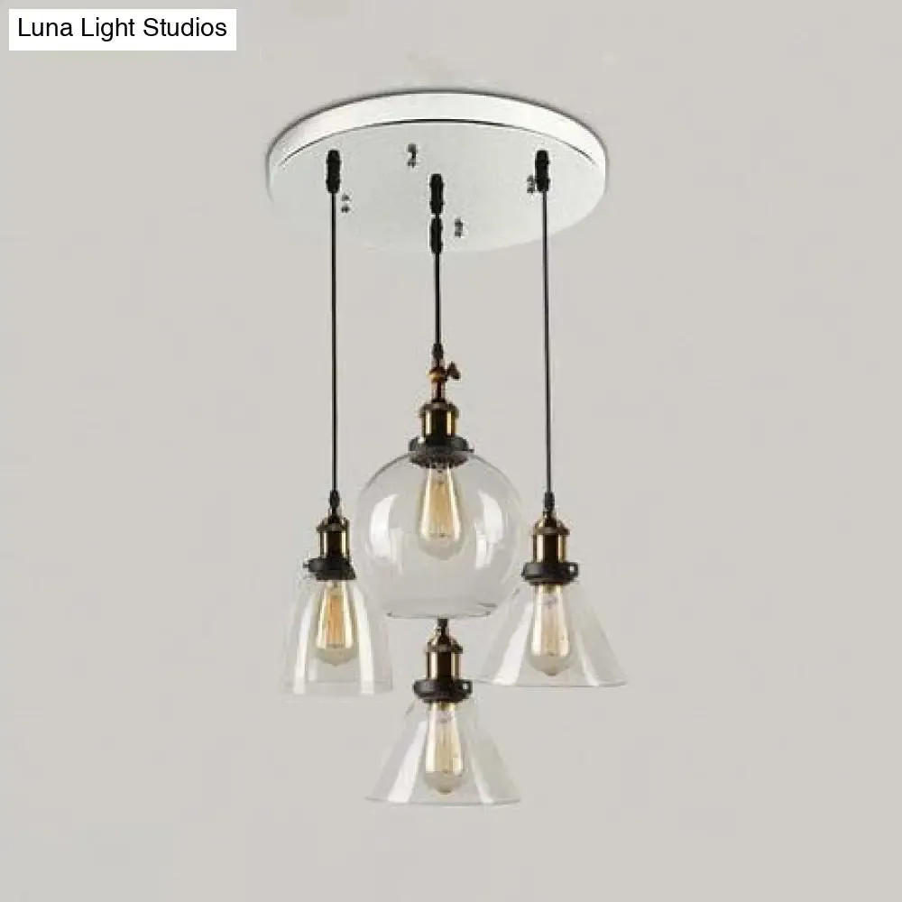 4-Light Clear Glass Cluster Pendant in Aged Brass, Modern Hanging Light with Unique Shades - Linear/Round Canopy