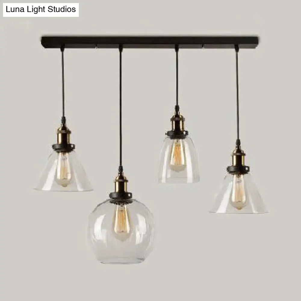 4-Light Clear Glass Cluster Pendant in Aged Brass, Modern Hanging Light with Unique Shades - Linear/Round Canopy