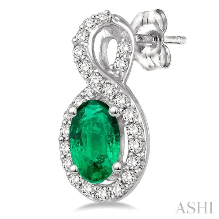 5x3 MM Oval Cut Emerald and 1/5 Ctw Round Cut Diamond Earrings in 14K White Gold