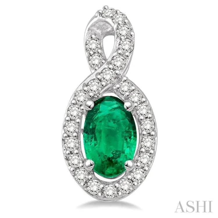 5x3 MM Oval Cut Emerald and 1/5 Ctw Round Cut Diamond Earrings in 14K White Gold