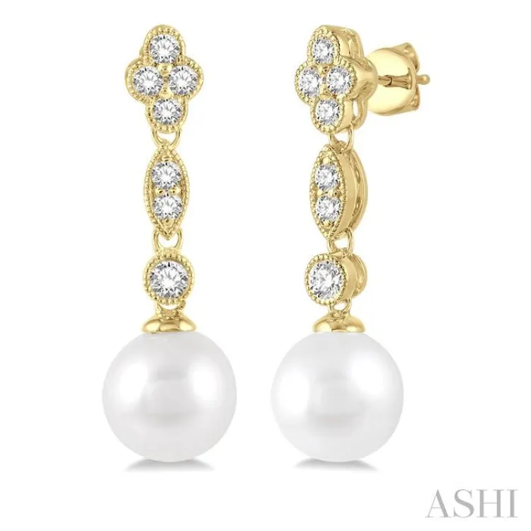 7X7MM Cultured Pearls and 1/3 Ctw Round Cut Diamond Drop Earrings in 14K Yellow Gold