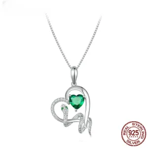 925 Sterling Silver Delicate Green Zircon Heart Pendant Necklace Snake Intertwine Love Neck Chain for Women Fine Jewelry