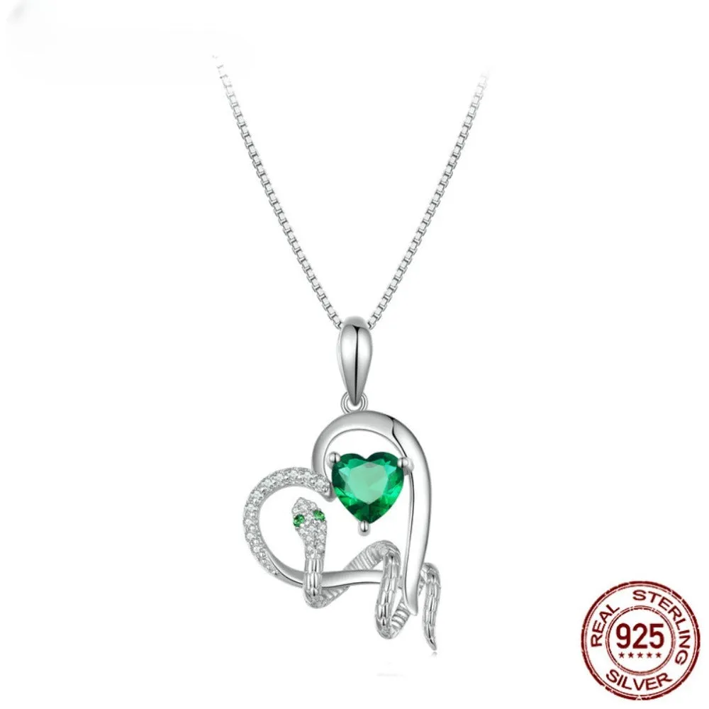 925 Sterling Silver Delicate Green Zircon Heart Pendant Necklace Snake Intertwine Love Neck Chain for Women Fine Jewelry