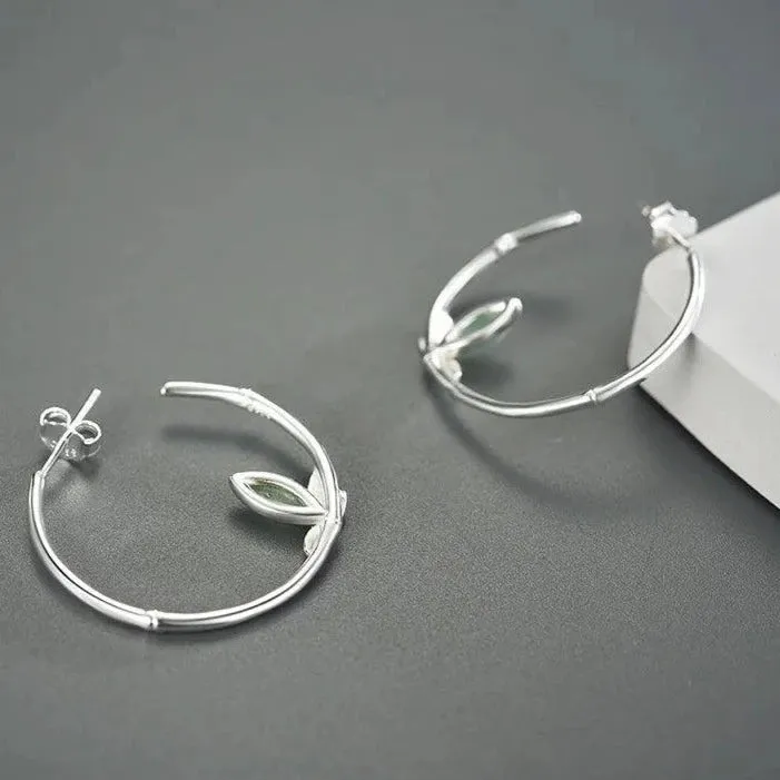 925 Sterling Silver Hoop Earring Charm Jewelry with Bamboo Leaves - LFJC0011