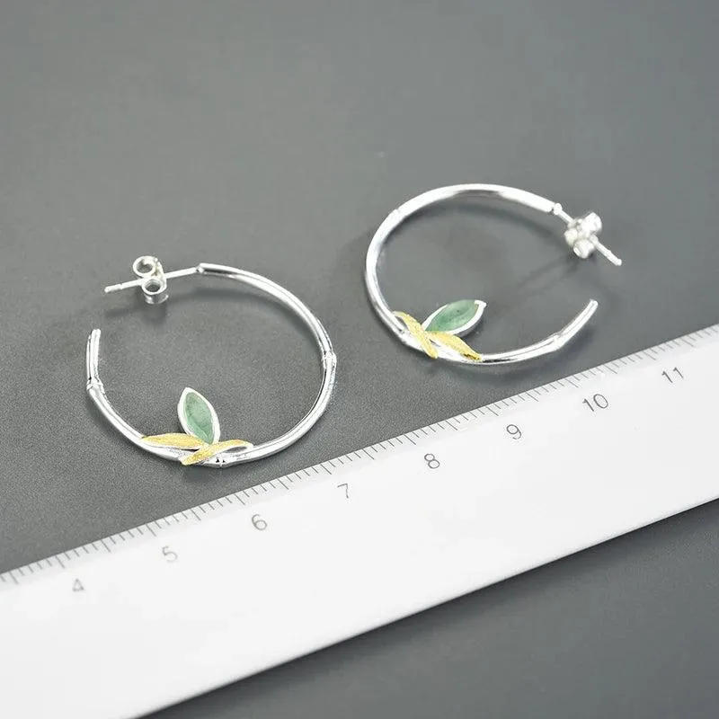 925 Sterling Silver Hoop Earring Charm Jewelry with Bamboo Leaves - LFJC0011