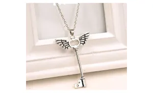 Angel Wings Key Friendship Long Chain Silver Pendant Necklace