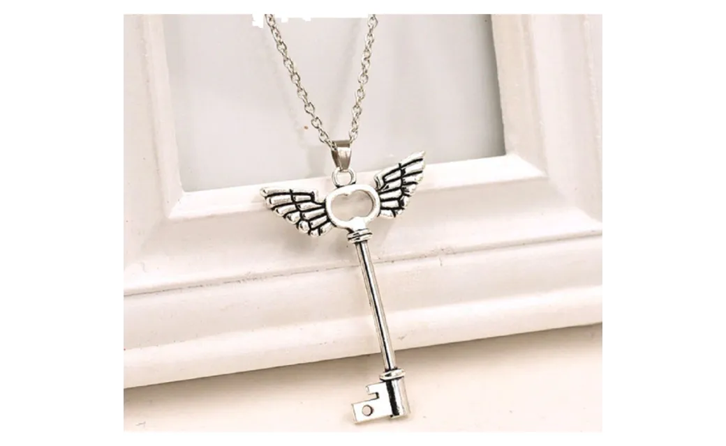 Angel Wings Key Friendship Long Chain Silver Pendant Necklace