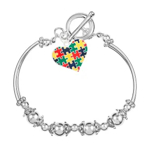 Autism Awareness Colored Puzzle Piece Heart Partial Beaded Bracelets