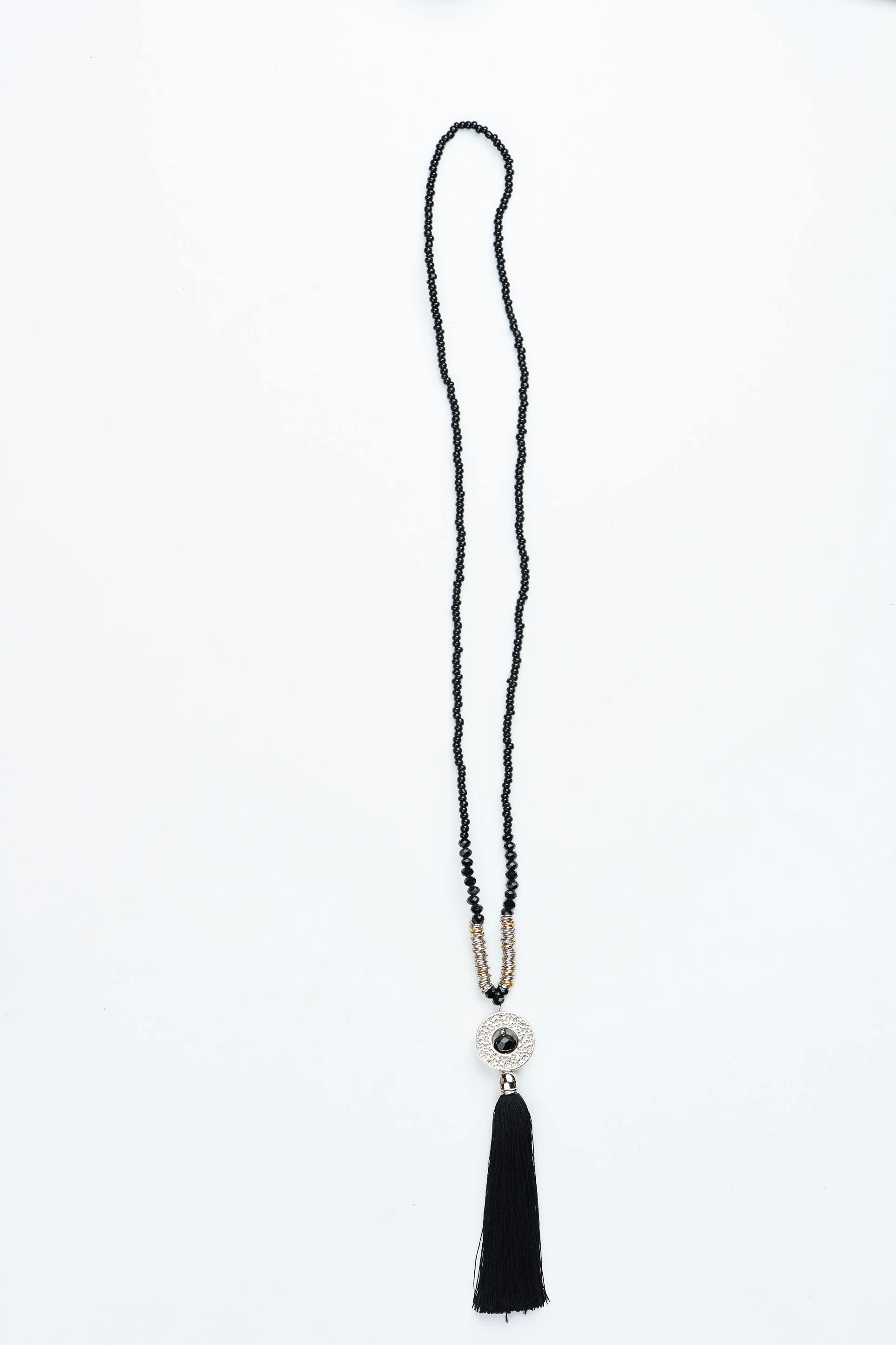 Black Circle Pendant Tassel Necklace