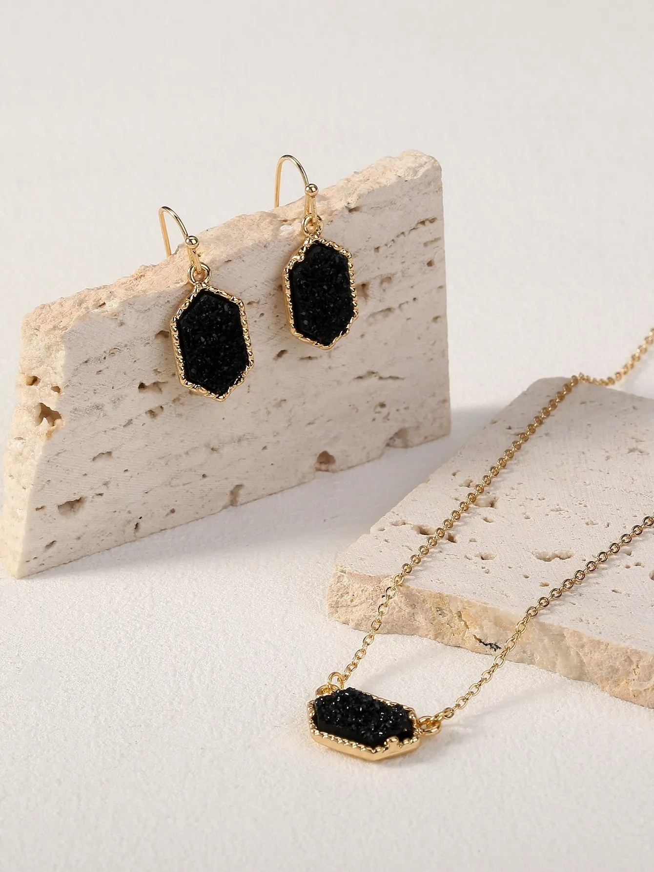 Black Geometric Charm Necklace & Drop Earrings Jewelry Set Jewelry Gift for