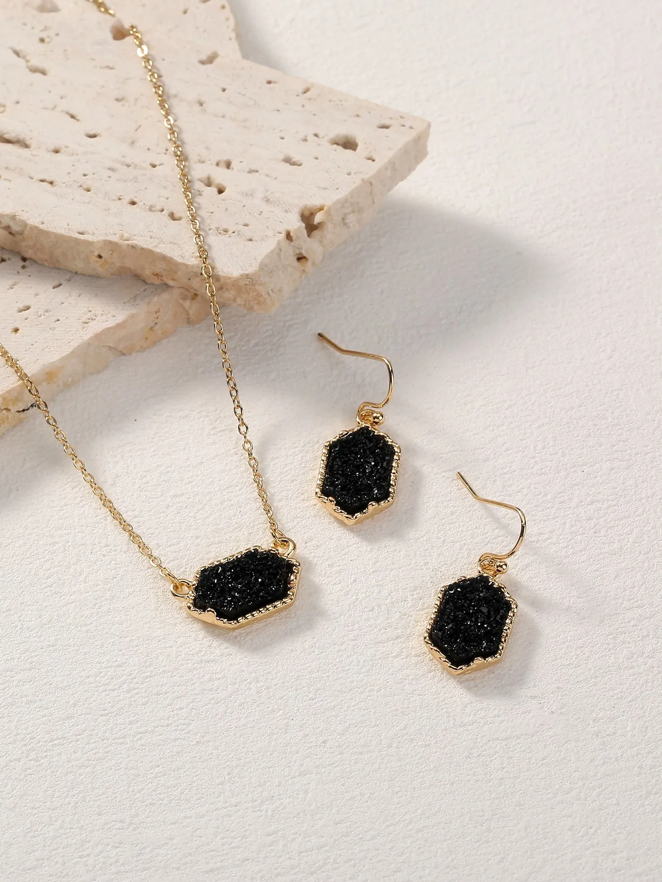 Black Geometric Charm Necklace & Drop Earrings Jewelry Set Jewelry Gift for