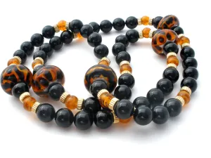 Black Onyx Bead Necklace with Amber Art Glass