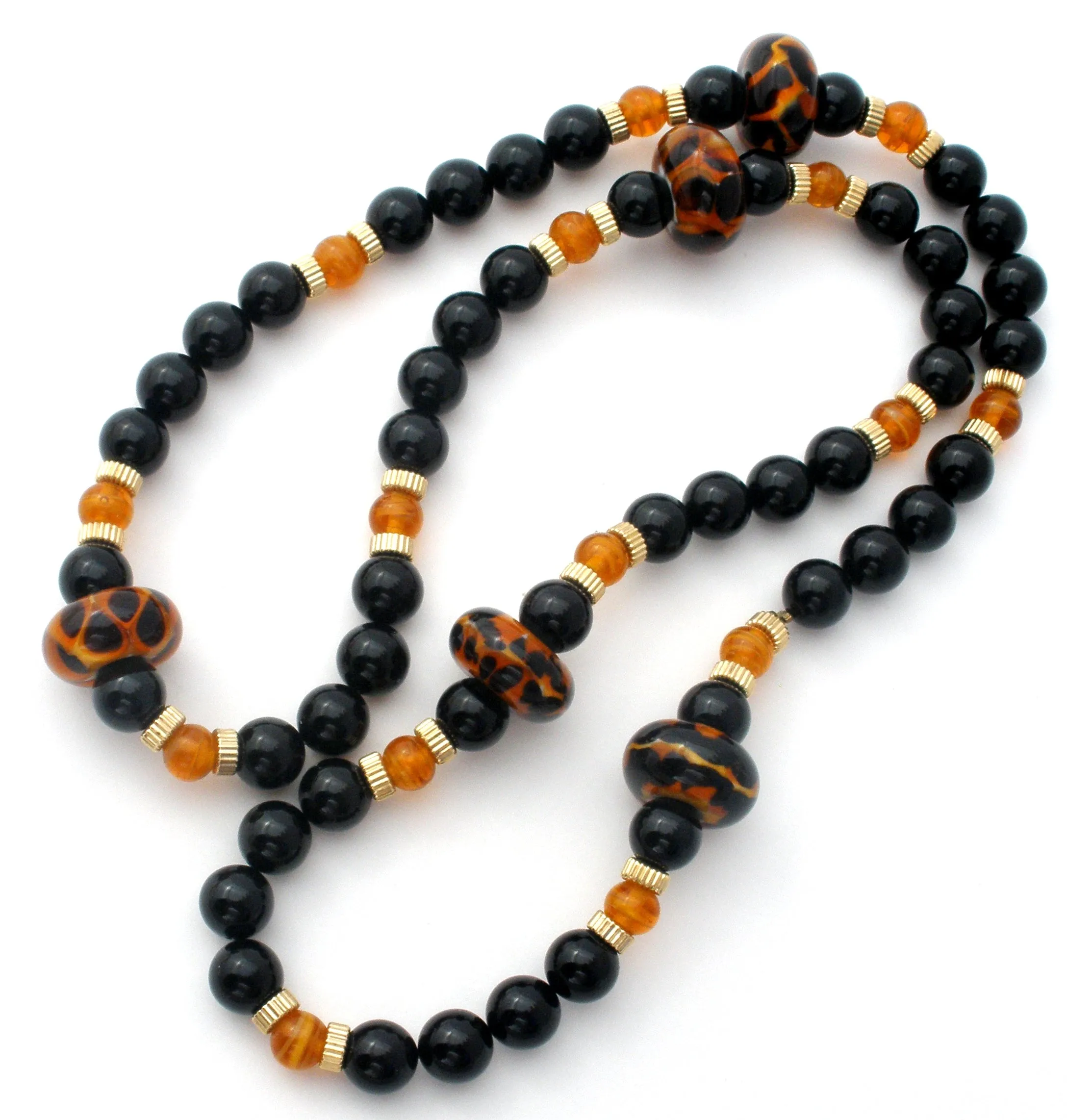 Black Onyx Bead Necklace with Amber Art Glass