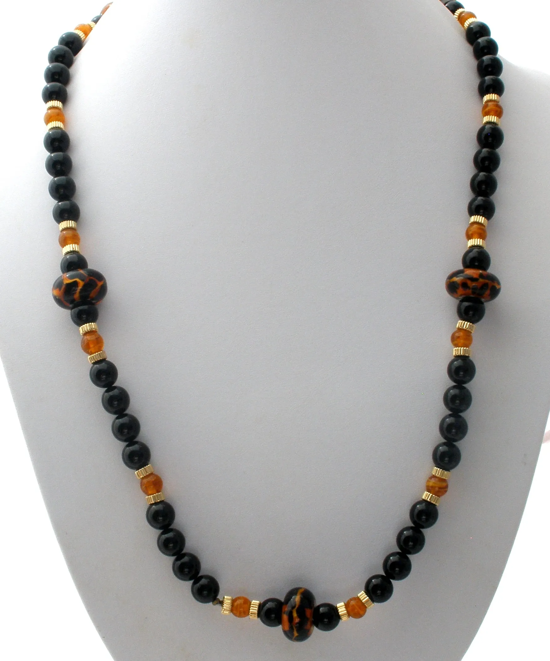 Black Onyx Bead Necklace with Amber Art Glass