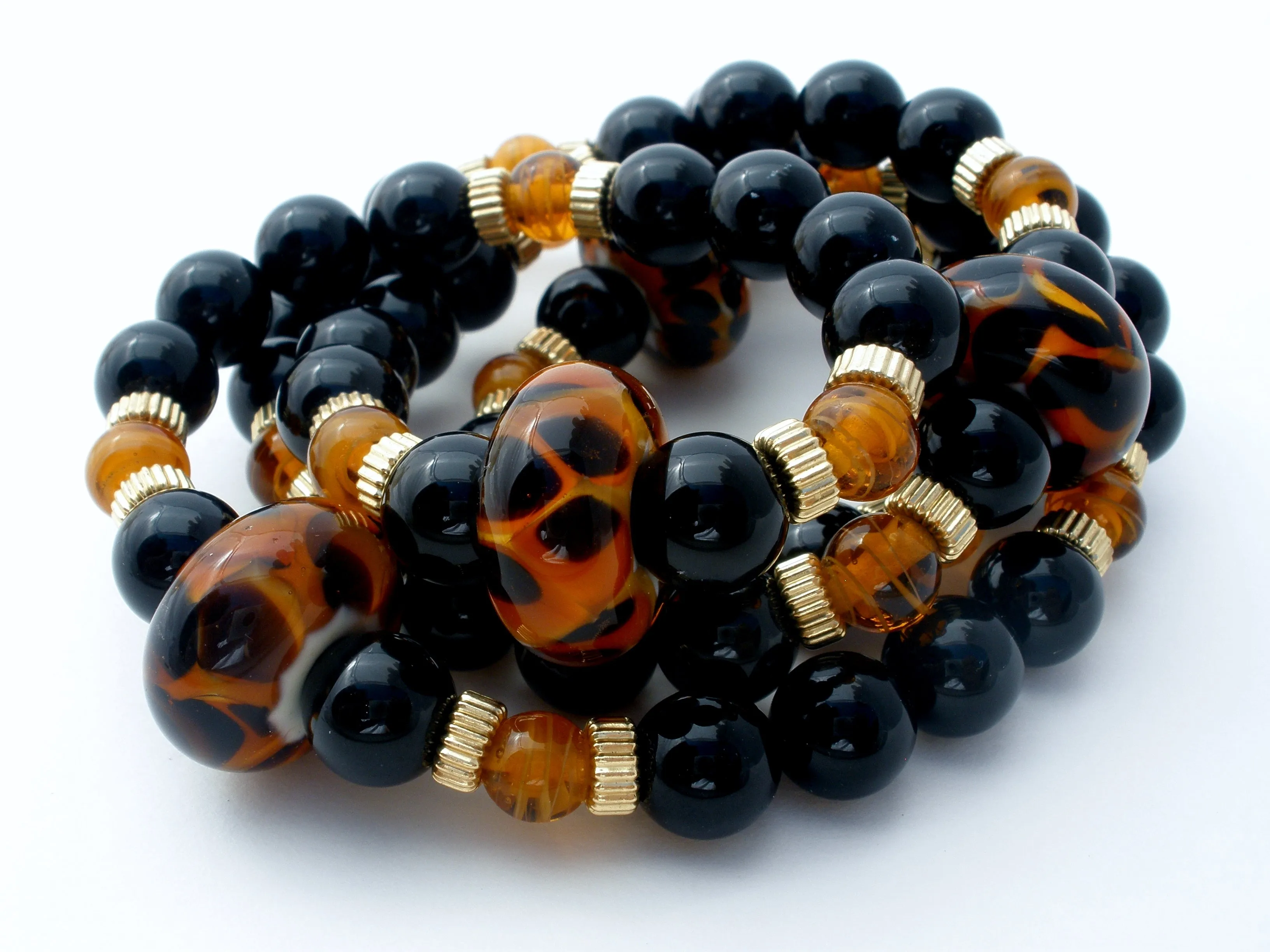 Black Onyx Bead Necklace with Amber Art Glass