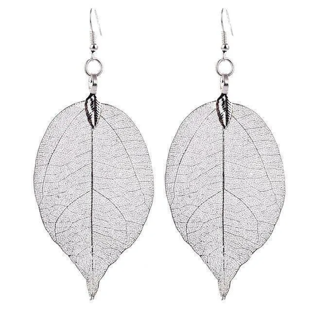 Bohemian Long Earrings Unique Natural Real Leaf Big Earrings