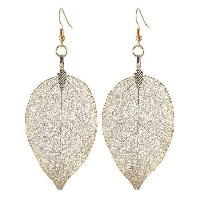 Bohemian Long Earrings Unique Natural Real Leaf Big Earrings