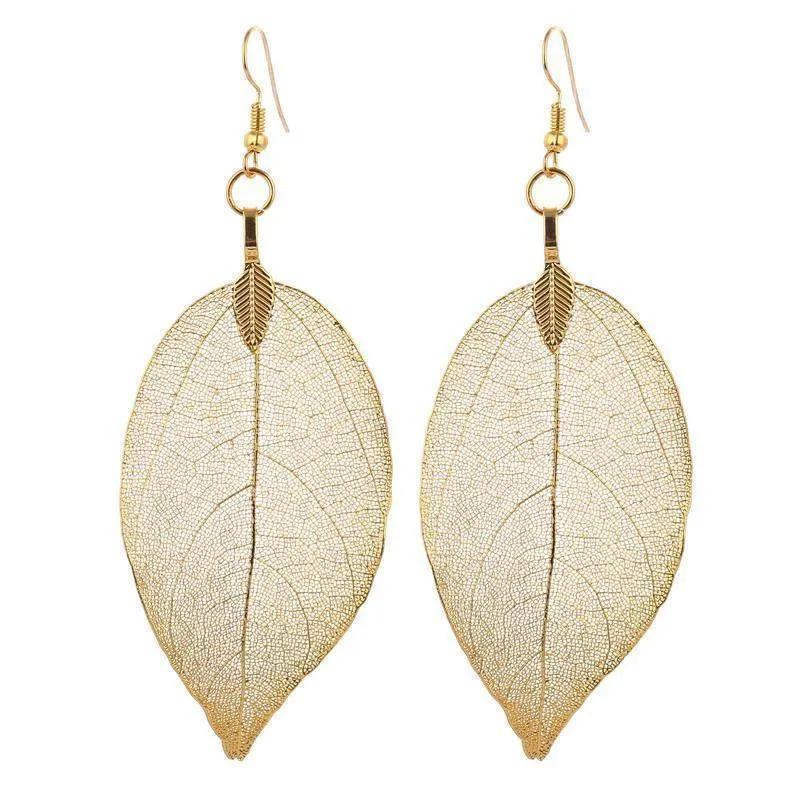 Bohemian Long Earrings Unique Natural Real Leaf Big Earrings