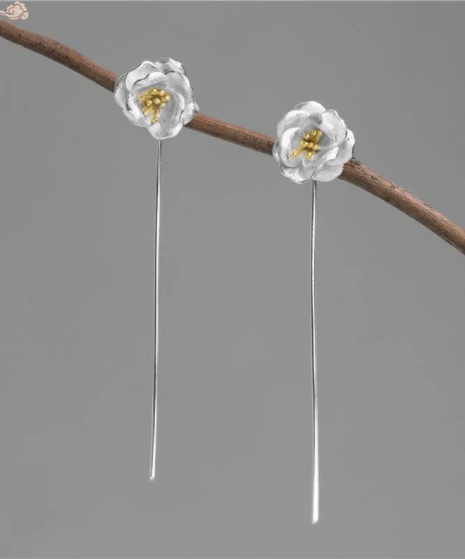 Brief Silk Sterling Silver Camellia Flower Tassel Drop Earrings QQ028