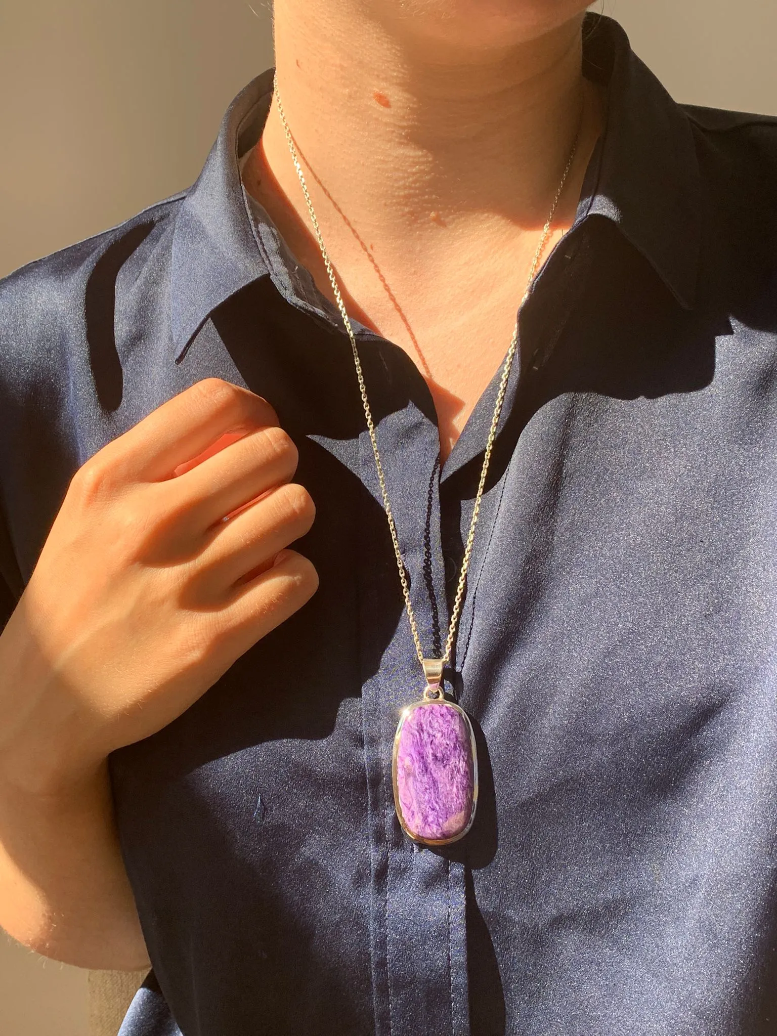 Charoite Naevia Pendant - Long Rectangle