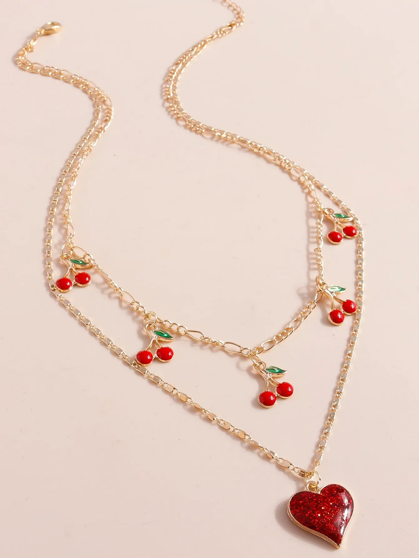 Cherry & Heart Charm Layered Necklace Jewelry for Women Gift for Her Necklace