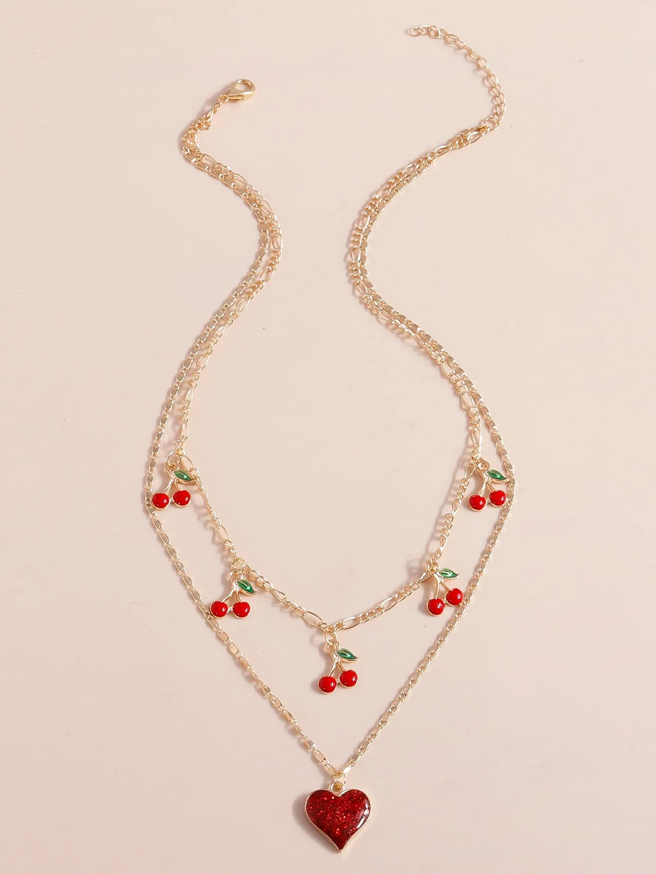 Cherry & Heart Charm Layered Necklace Jewelry for Women Gift for Her Necklace