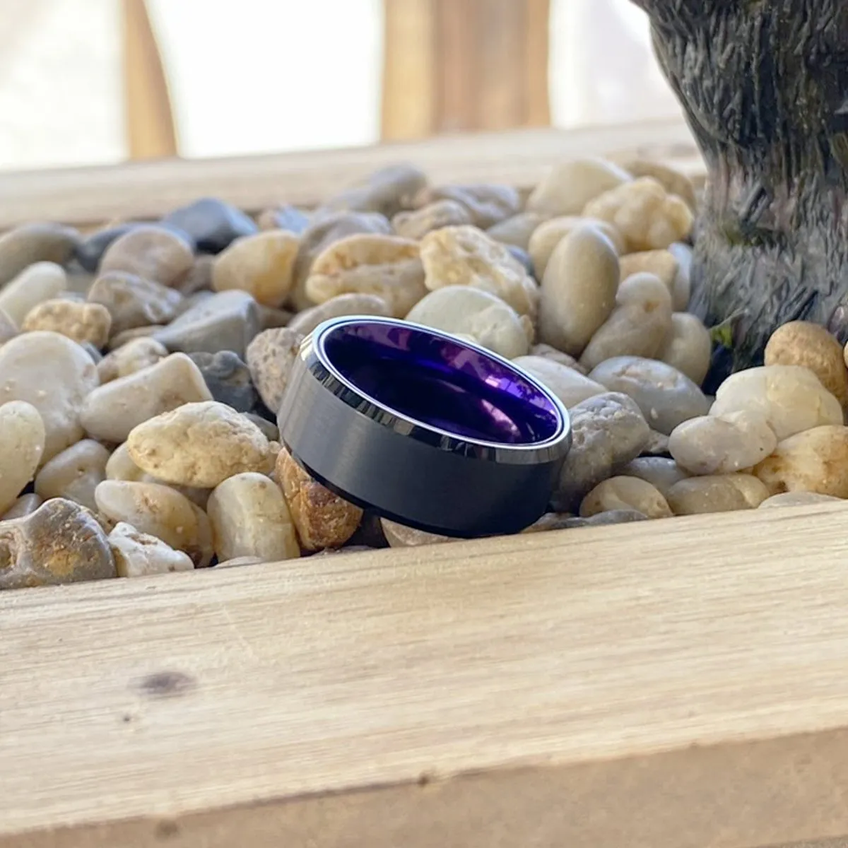 CLEMATIS | Purple Ring, Black Tungsten Ring, Brushed, Beveled