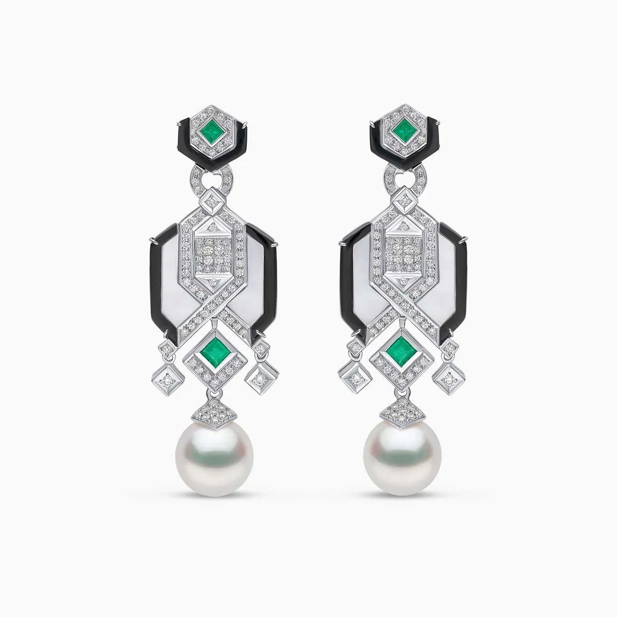 Cleopatra 18K Gold South Sea Pearl Diamond and Emerald Earrings