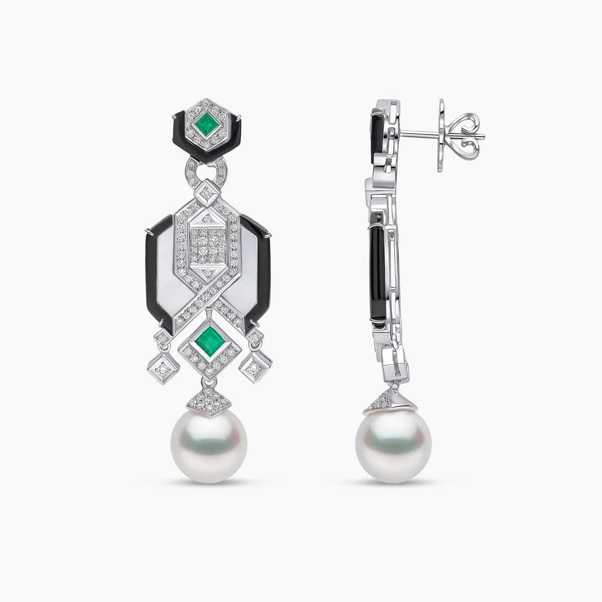 Cleopatra 18K Gold South Sea Pearl Diamond and Emerald Earrings