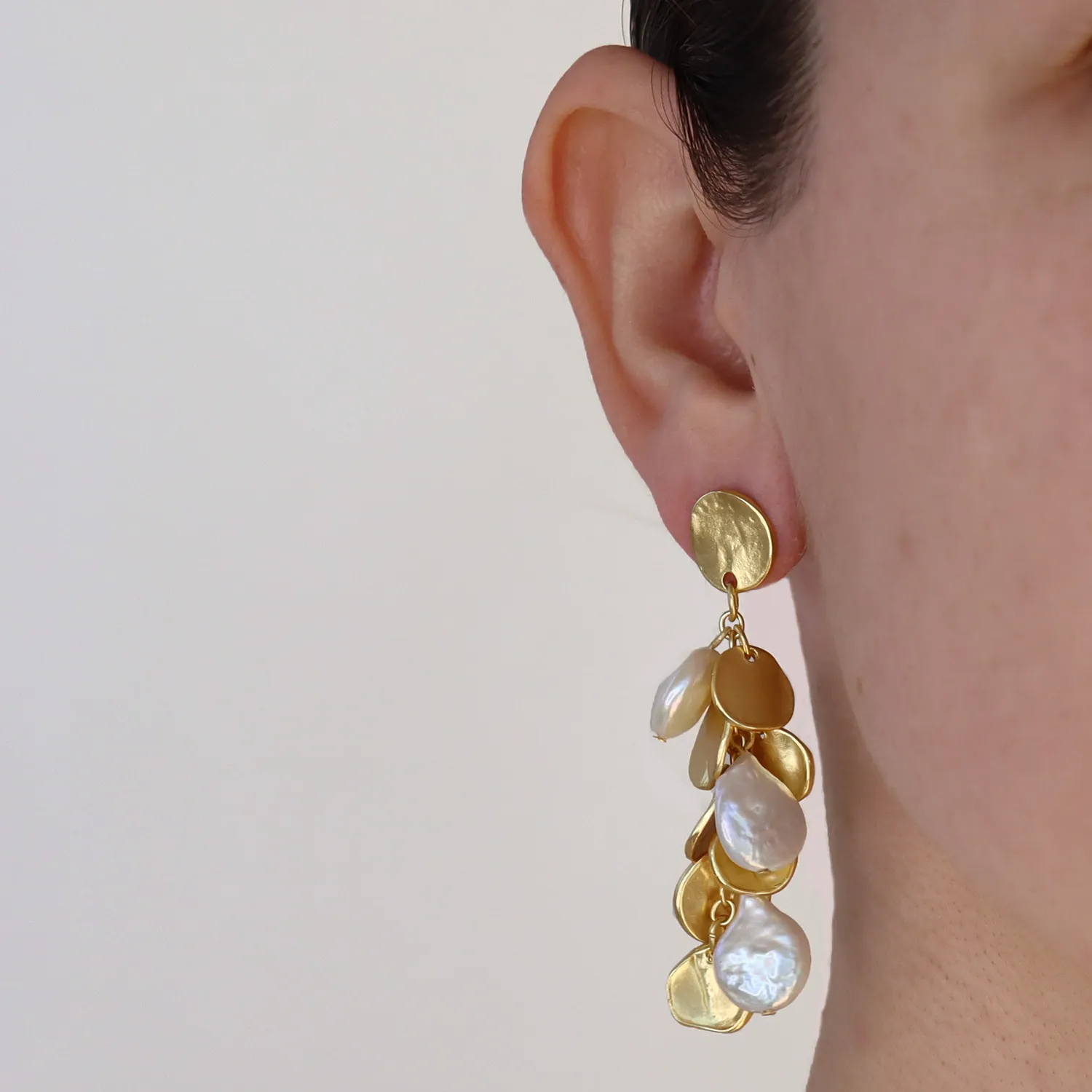 Coin and flat pearl chandelier earrings